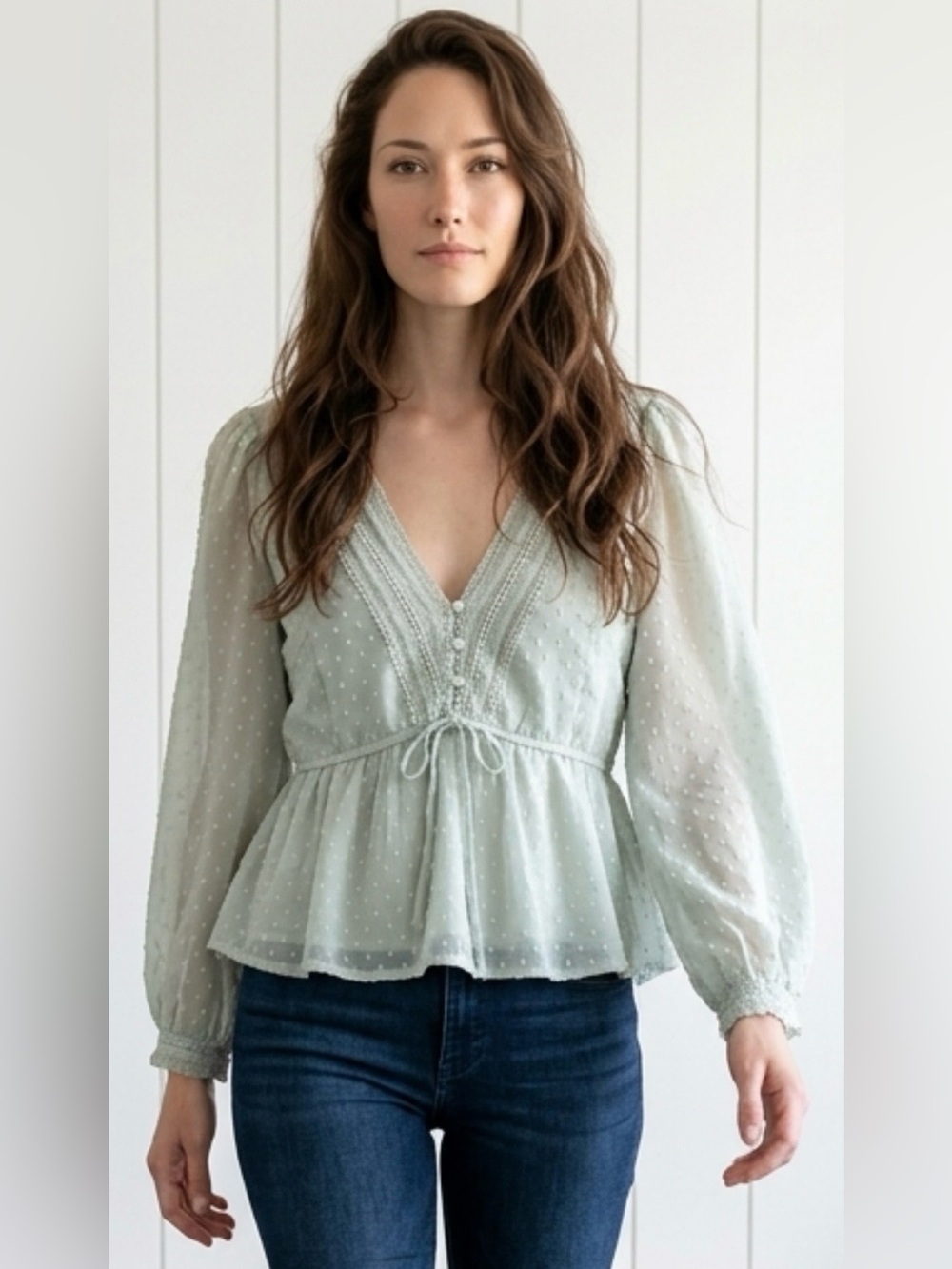 Abercrombie & Fitch Pale Green Swiss Dot Long-Sleeve Peplum Lined Blouse